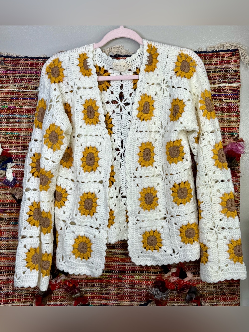 Dreamers by Debut White Crochet Sunflower Cardigan with Yellow Floral Motifs S/M